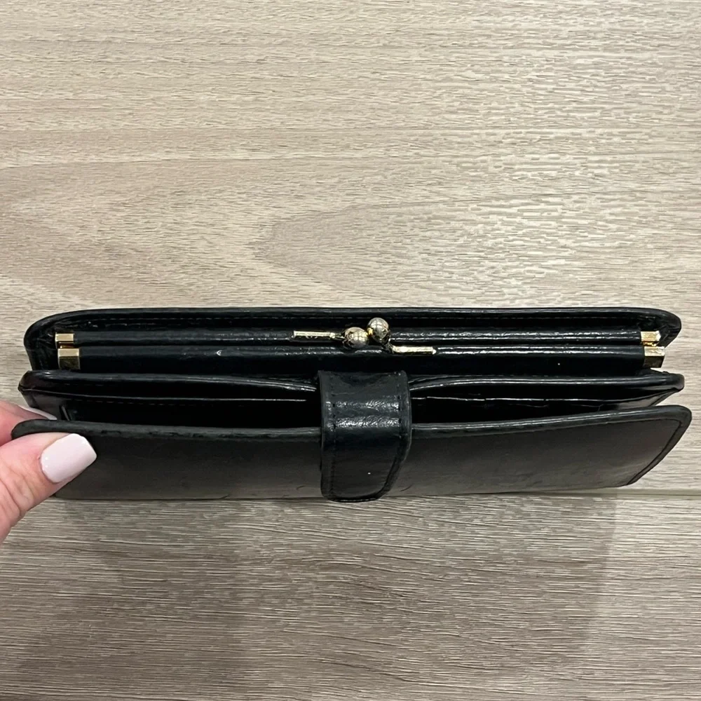 VTG Coach Black Leather Long Bifold Kiss Lock Continental Wallet Coin Checkbook